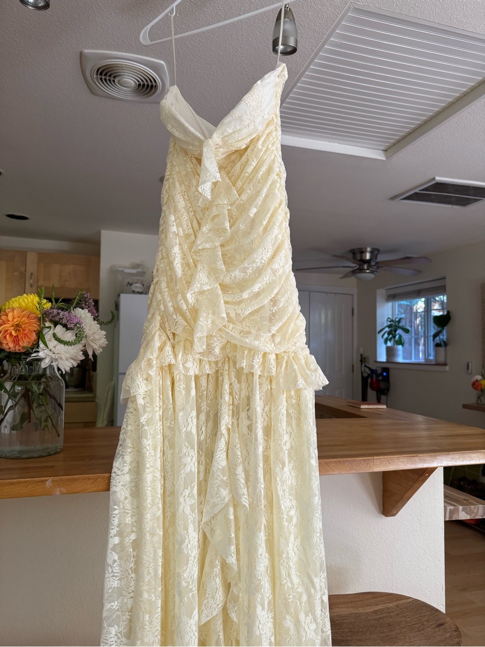 Vici Strapless Ivory Lace Ruffle Maxi Dress